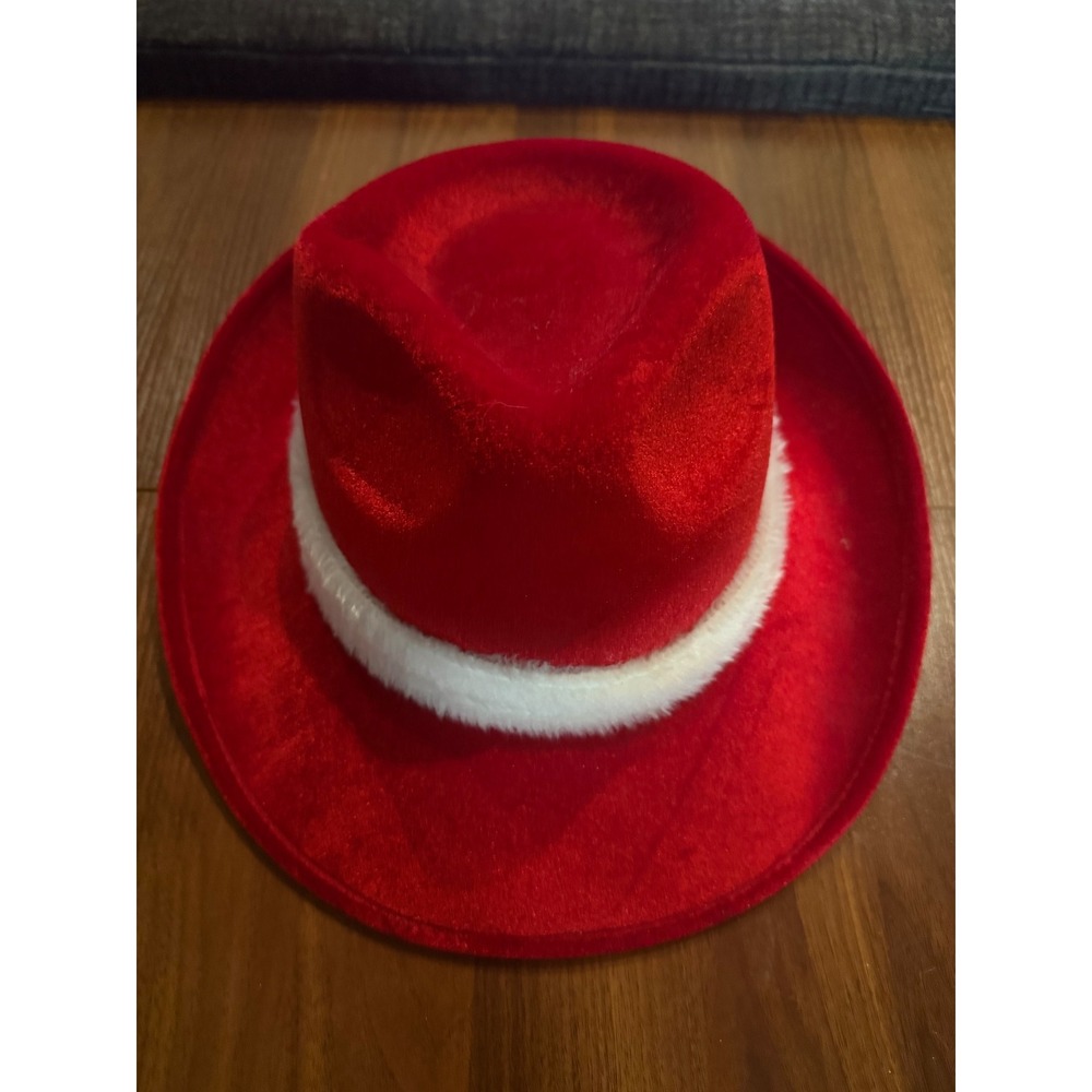 Fedora Hat Unisex OS Christmas Santa Holiday Red White Faux Fur Elope EUC